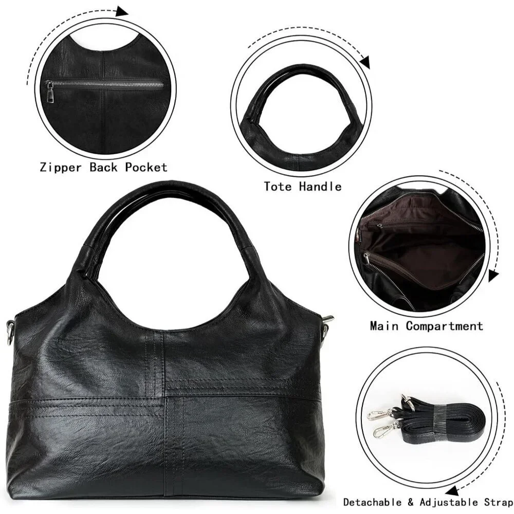 Women's Black Vegan Leather Purse Detachable Satchel Strap Hobo Bags